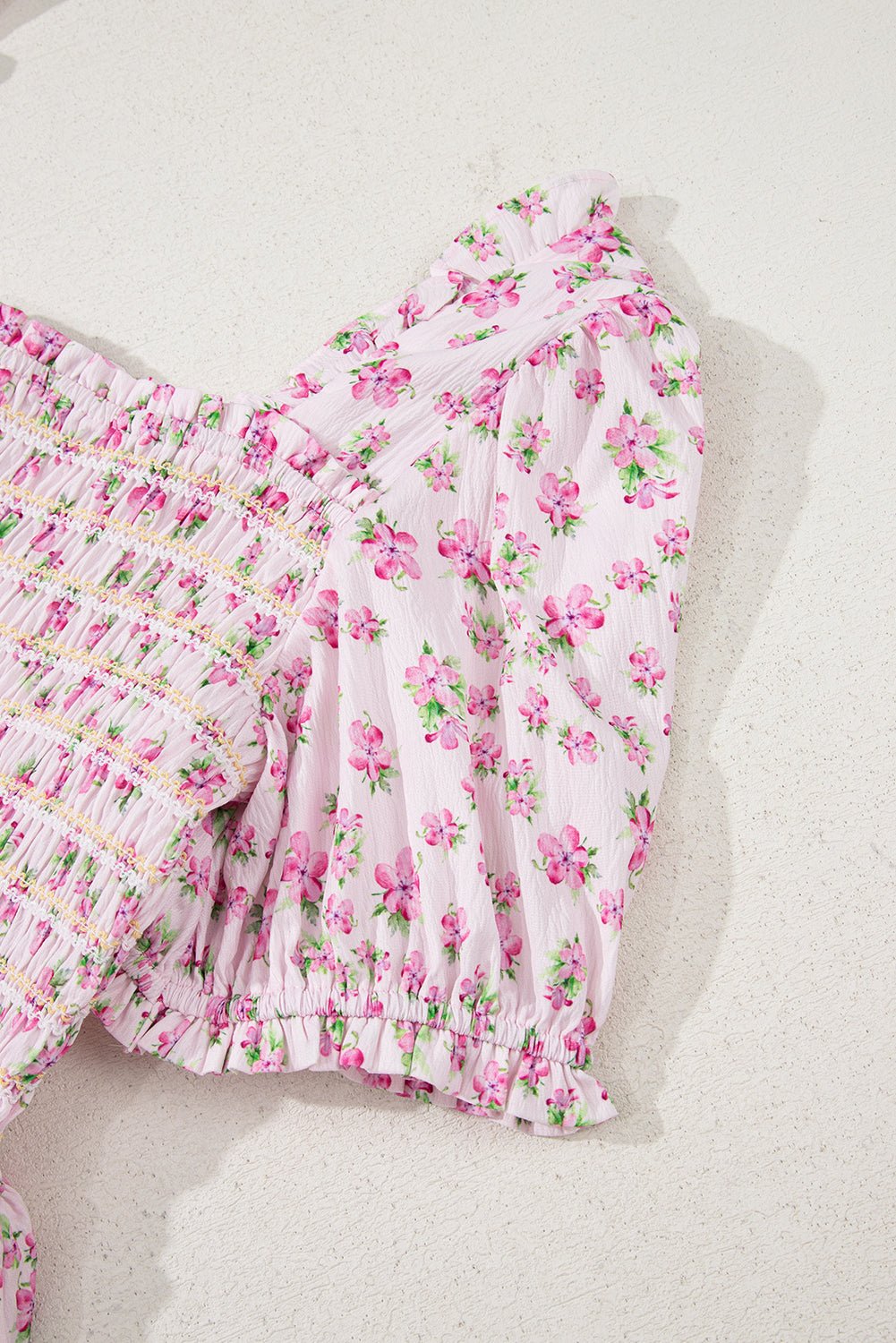 White Frill Neckline Shirred Bodice Floral Maxi Dress - MAD RUFFI