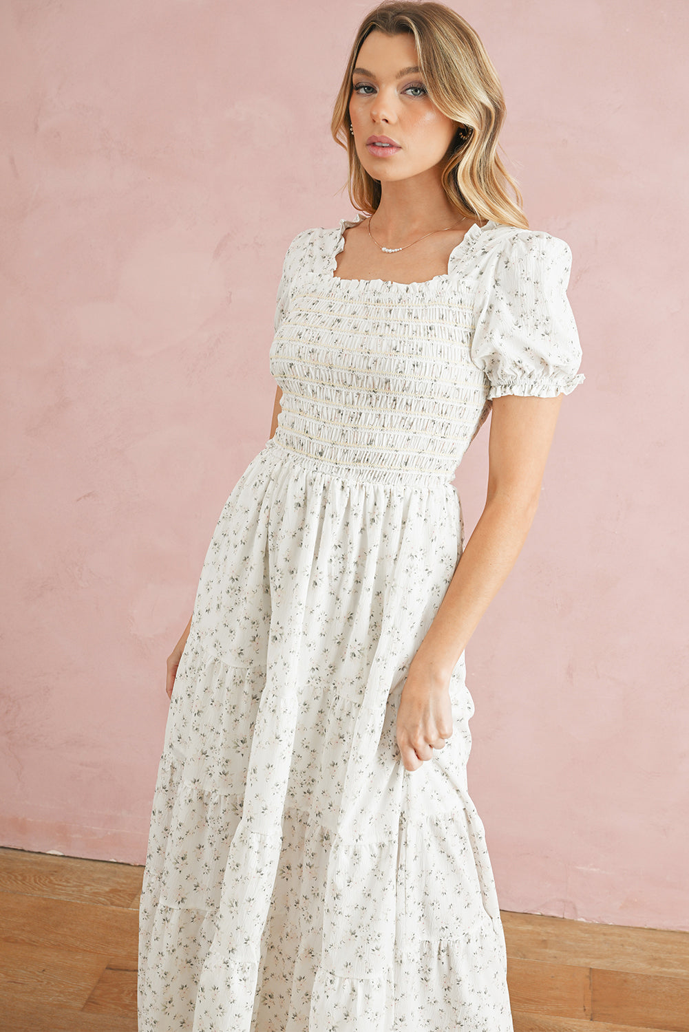 White Frill Neckline Shirred Bodice Floral Maxi Dress - MAD RUFFI