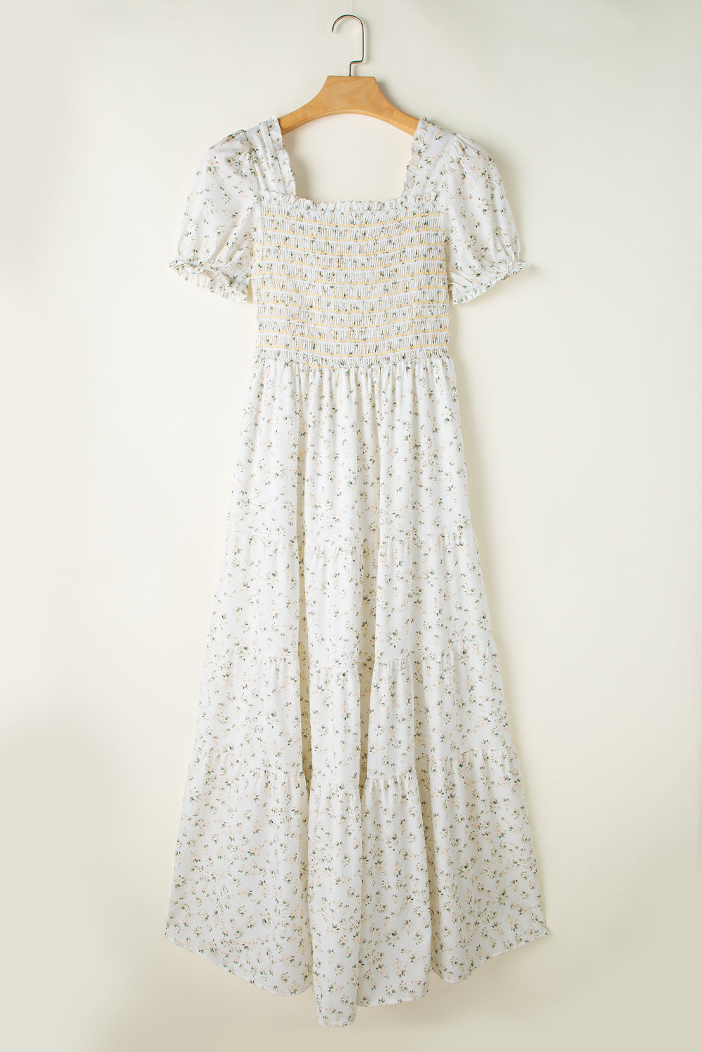 White Frill Neckline Shirred Bodice Floral Maxi Dress - MAD RUFFI