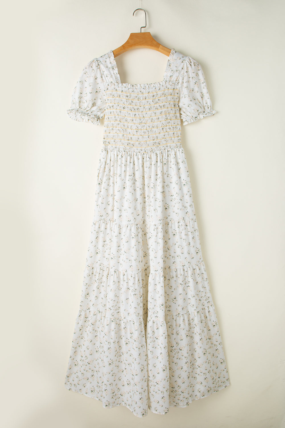 White Frill Neckline Shirred Bodice Floral Maxi Dress - MAD RUFFI