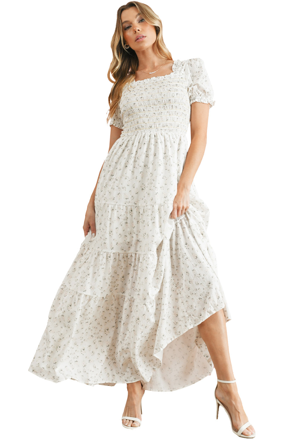 White Frill Neckline Shirred Bodice Floral Maxi Dress - MAD RUFFI