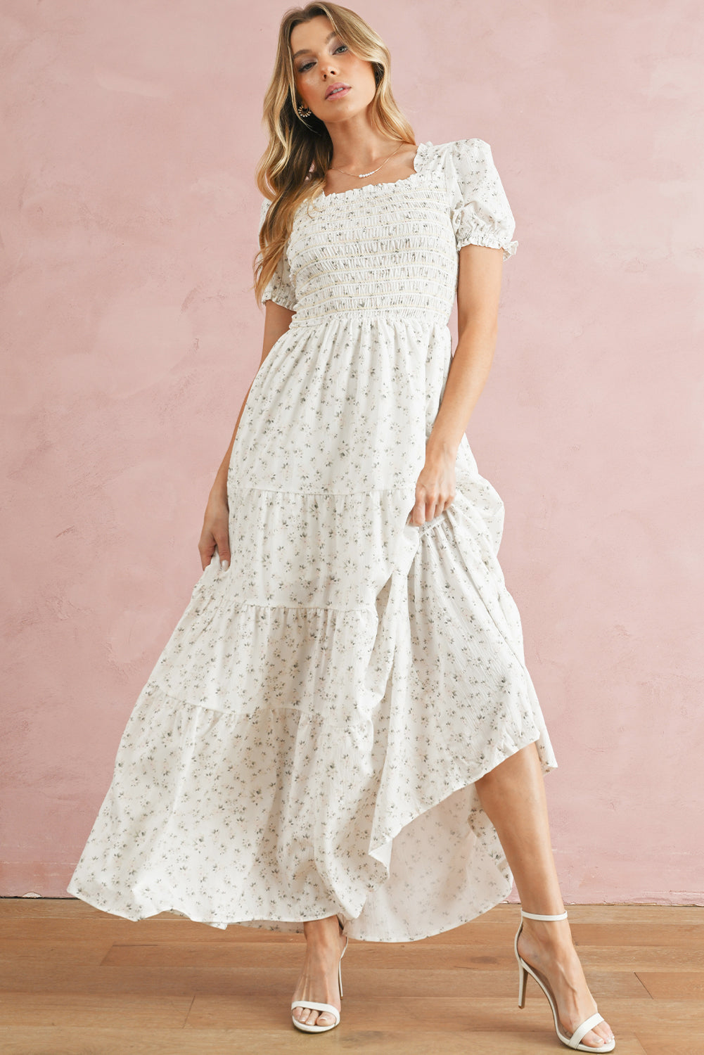 White Frill Neckline Shirred Bodice Floral Maxi Dress - MAD RUFFI