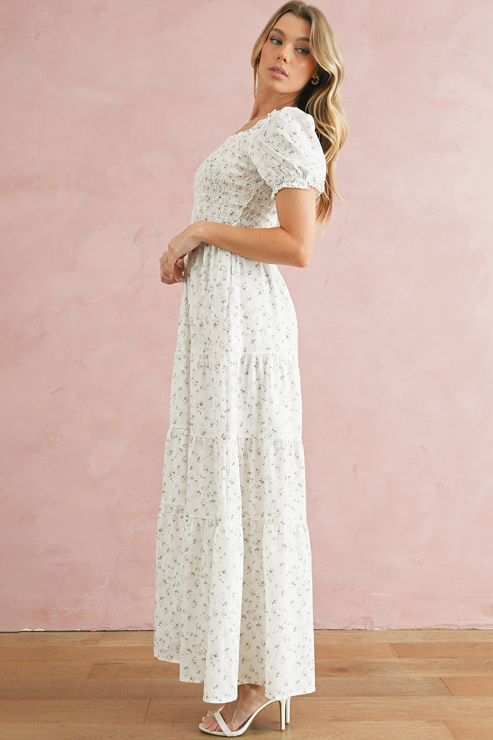 White Frill Neckline Shirred Bodice Floral Maxi Dress - MAD RUFFI