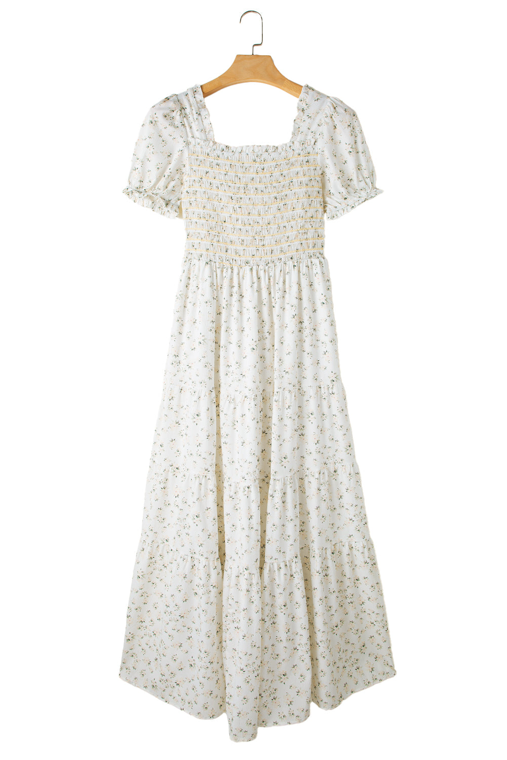 White Frill Neckline Shirred Bodice Floral Maxi Dress - MAD RUFFI