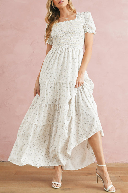 White Frill Neckline Shirred Bodice Floral Maxi Dress - MAD RUFFI