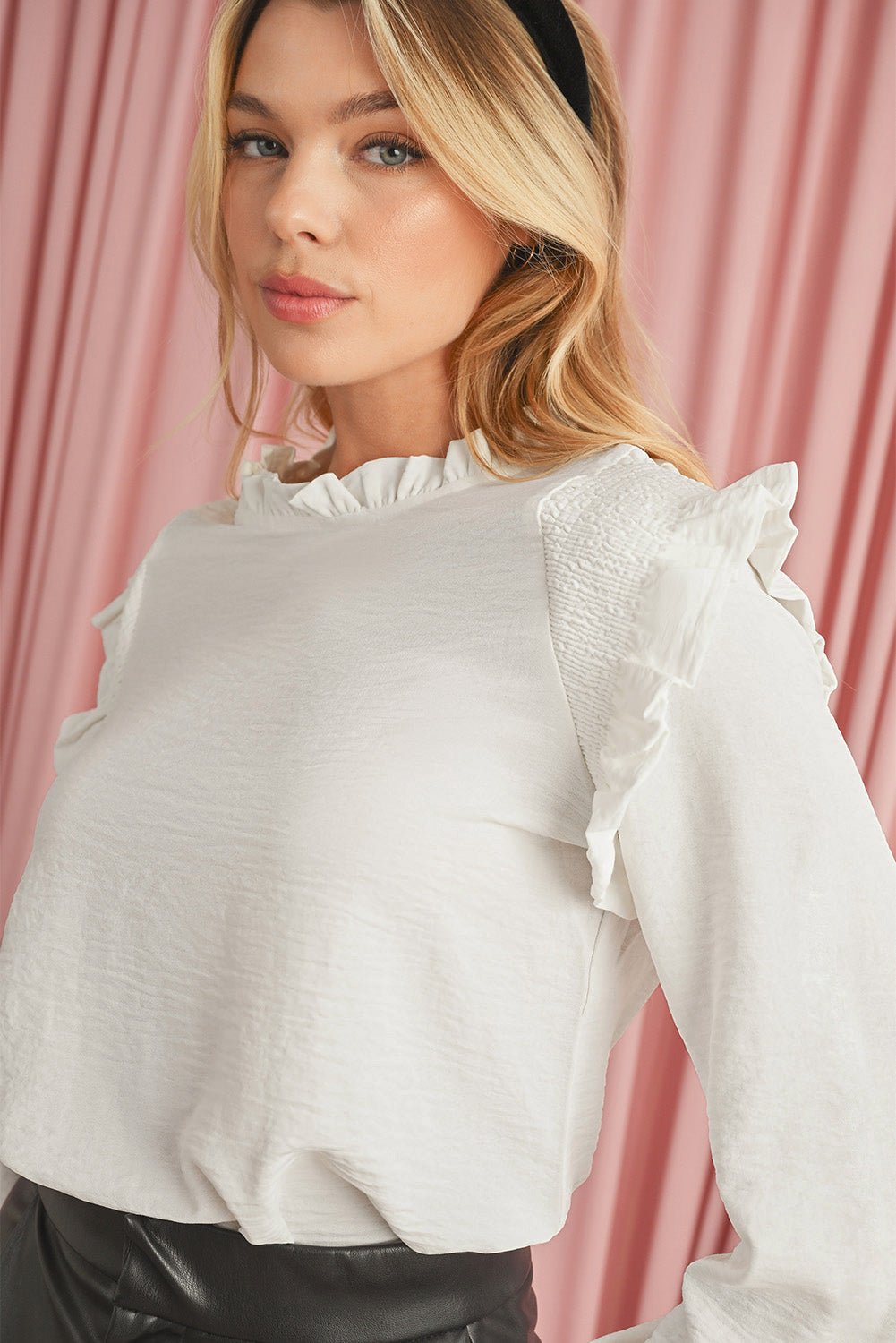 White Frilled Neck Ruffled Trim Bubble Sleeve Blouse - MAD RUFFI