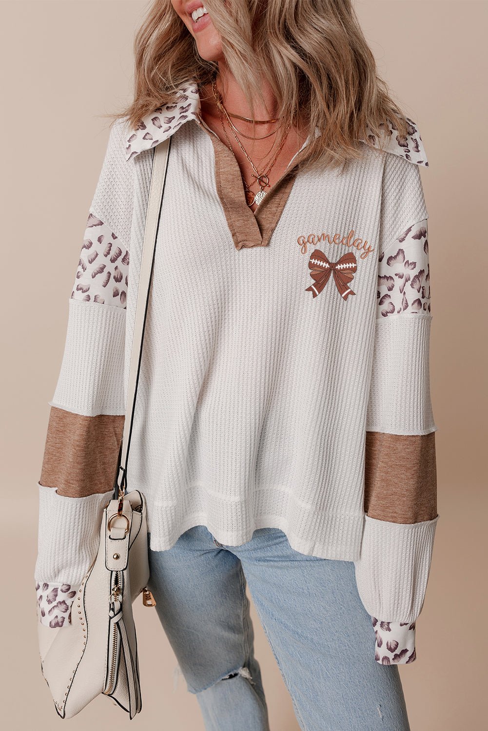 White game day Bow Embroidered Leopard Patchwork Collared Top - MAD RUFFI
