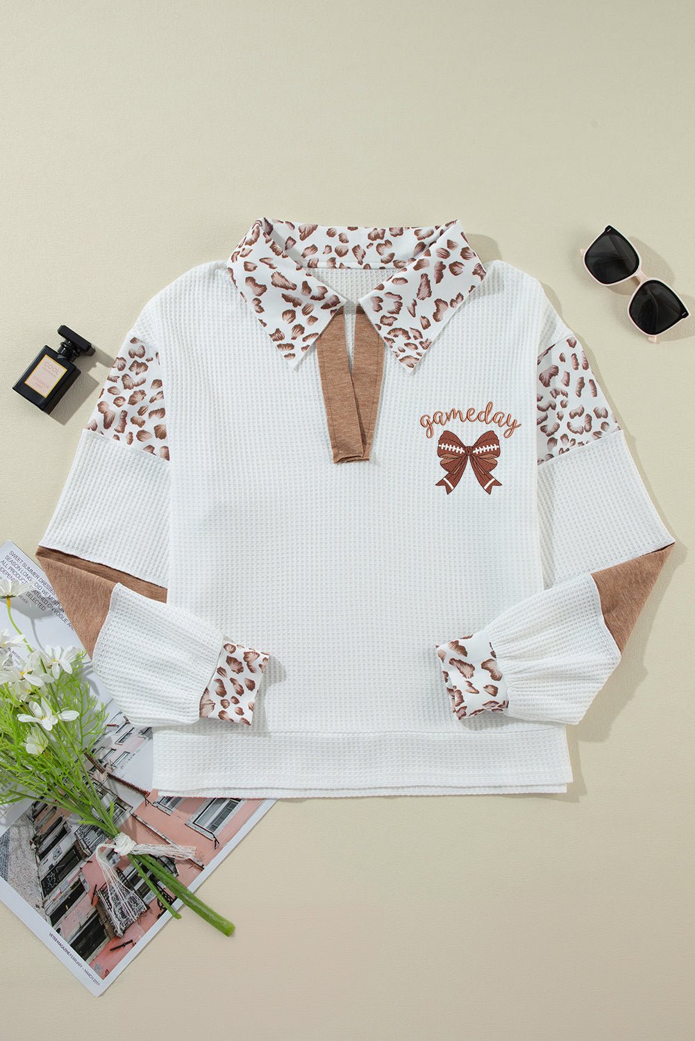 White game day Bow Embroidered Leopard Patchwork Collared Top - MAD RUFFI
