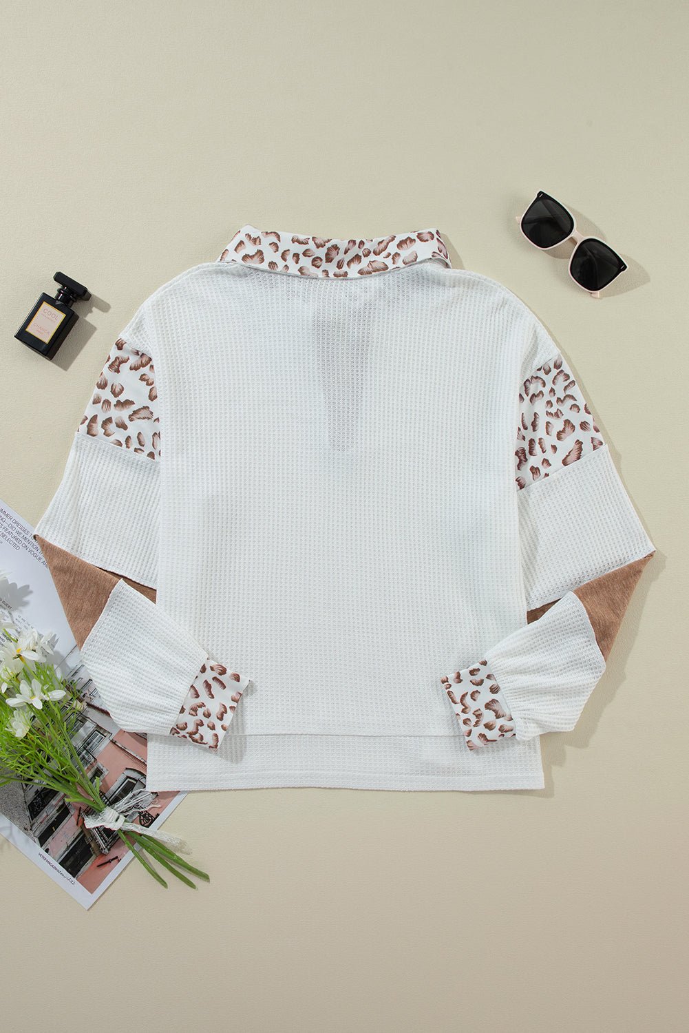 White game day Bow Embroidered Leopard Patchwork Collared Top - MAD RUFFI