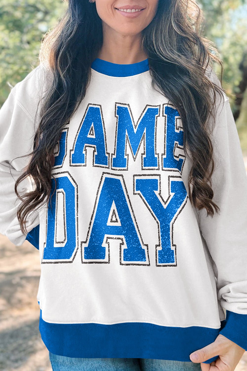 White GAME DAY Letter Contrast Trim Baggy Sweatshirt - MAD RUFFI