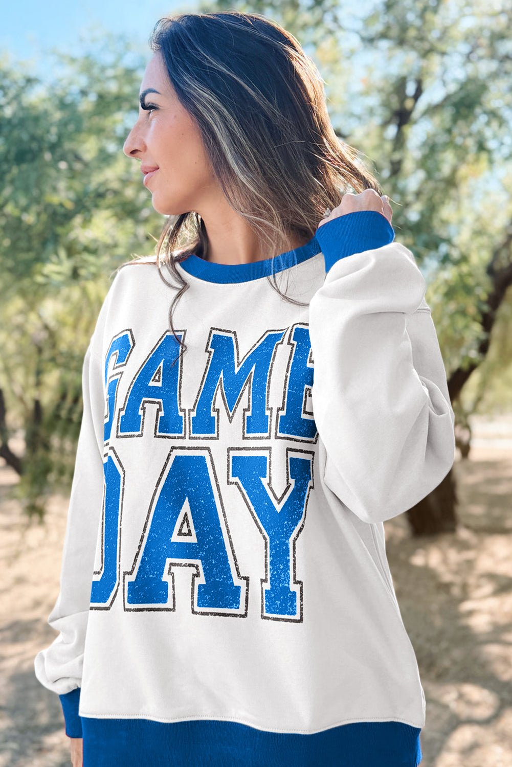 White GAME DAY Letter Contrast Trim Baggy Sweatshirt - MAD RUFFI
