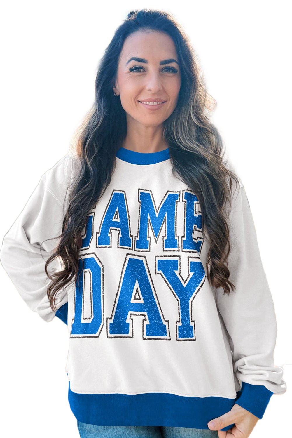 White GAME DAY Letter Contrast Trim Baggy Sweatshirt - MAD RUFFI