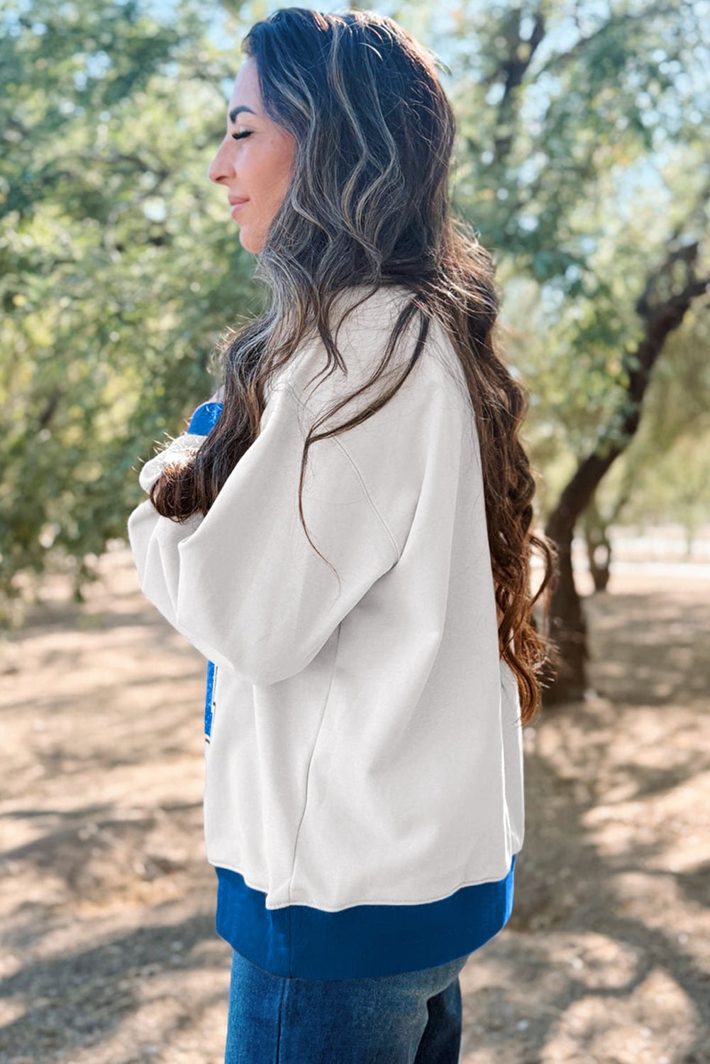 White GAME DAY Letter Contrast Trim Baggy Sweatshirt - MAD RUFFI