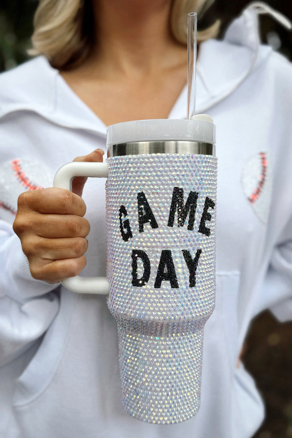 White GAME DAY Rhinestone Handle Large Tumbler 40oz - MAD RUFFI