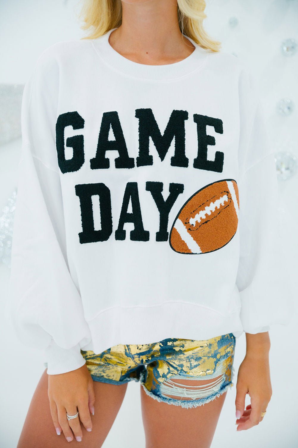 White GAME DAY Varsity Pullover Sweatshirt - MAD RUFFI