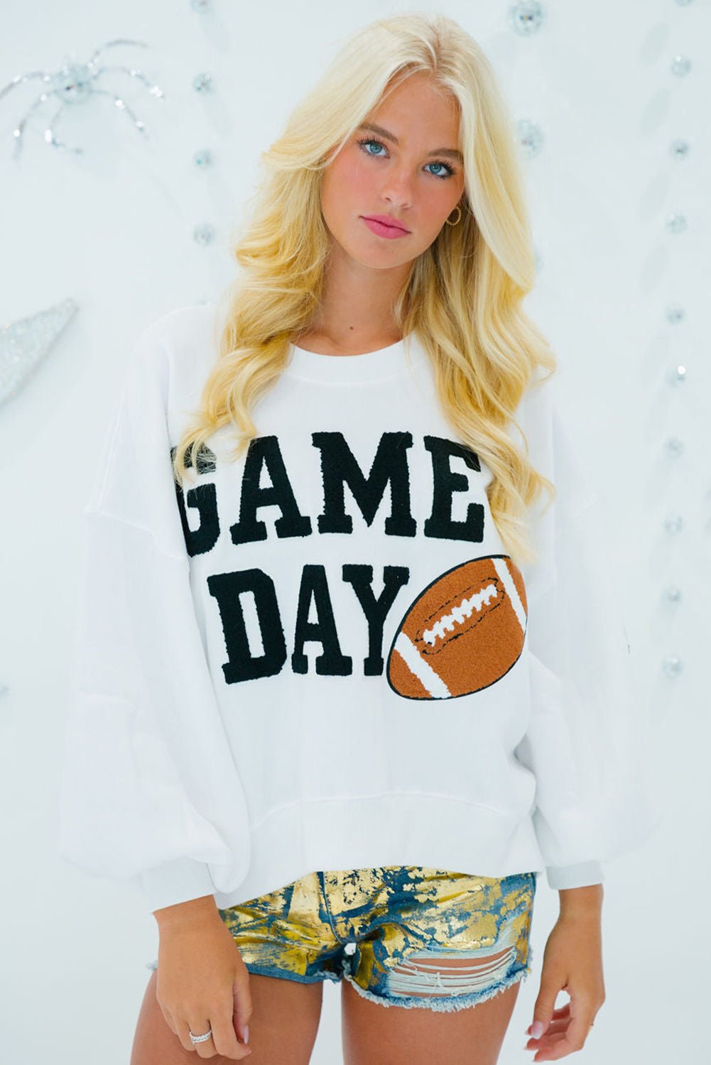 White GAME DAY Varsity Pullover Sweatshirt - MAD RUFFI