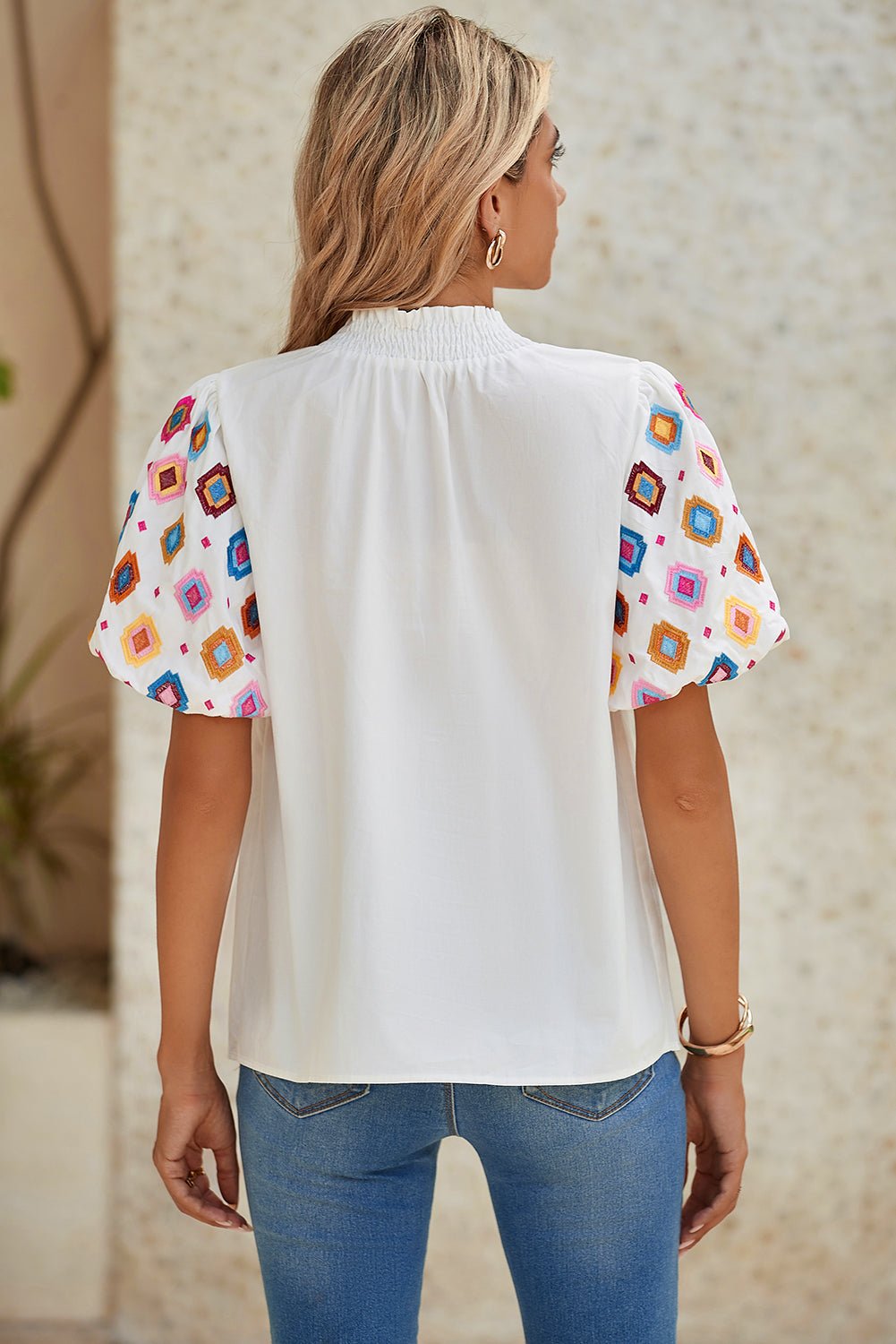White Geometric Embroidered Smocked Neck Puff Sleeve Top - MAD RUFFI
