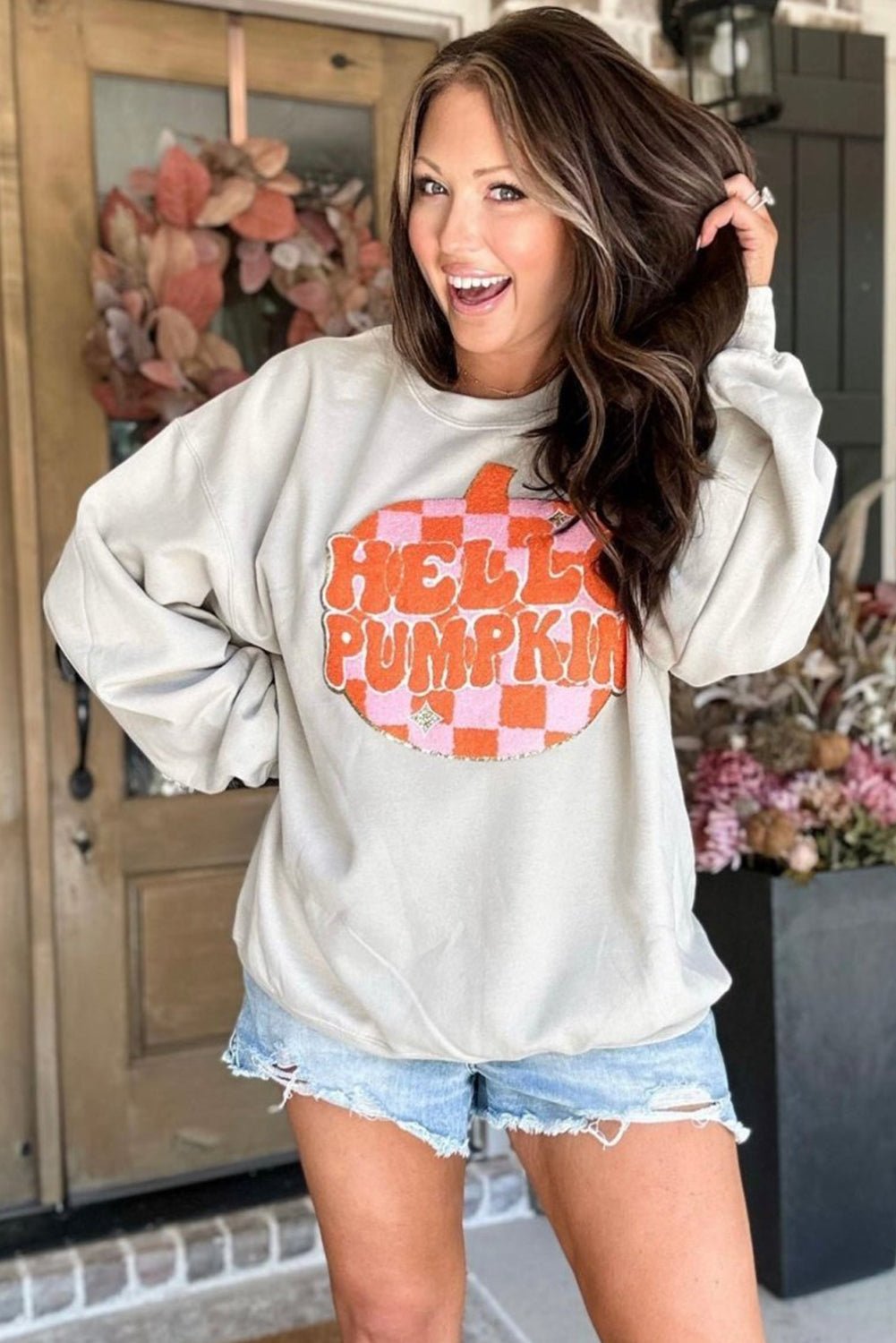 White Halloween Hello Pumpkin Patched Pullover Sweatshirt - MAD RUFFI
