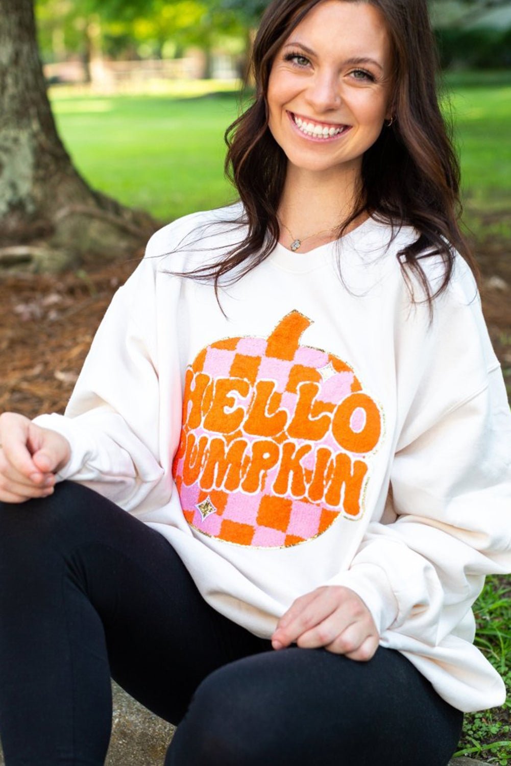 White Halloween Hello Pumpkin Patched Pullover Sweatshirt - MAD RUFFI