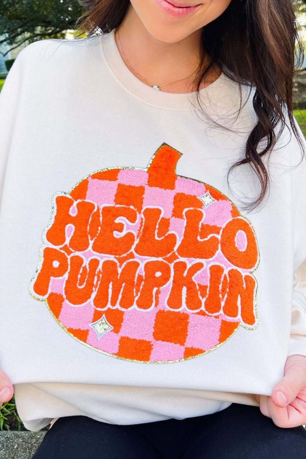 White Halloween Hello Pumpkin Patched Pullover Sweatshirt - MAD RUFFI