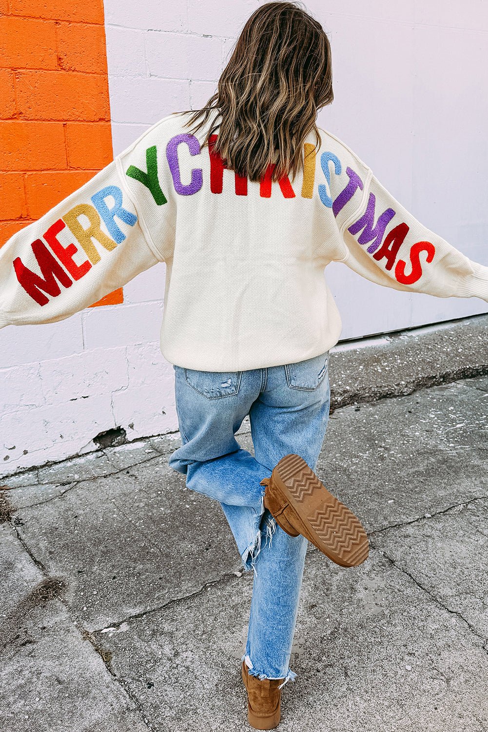 White HOHOHO MERRY CHRISTMAS Chenille Letter Graphic Holiday Sweater - MAD RUFFI