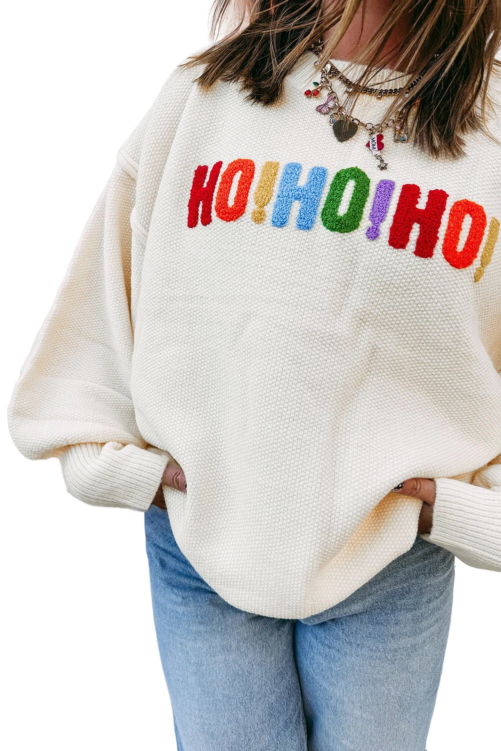 White HOHOHO MERRY CHRISTMAS Chenille Letter Graphic Holiday Sweater - MAD RUFFI