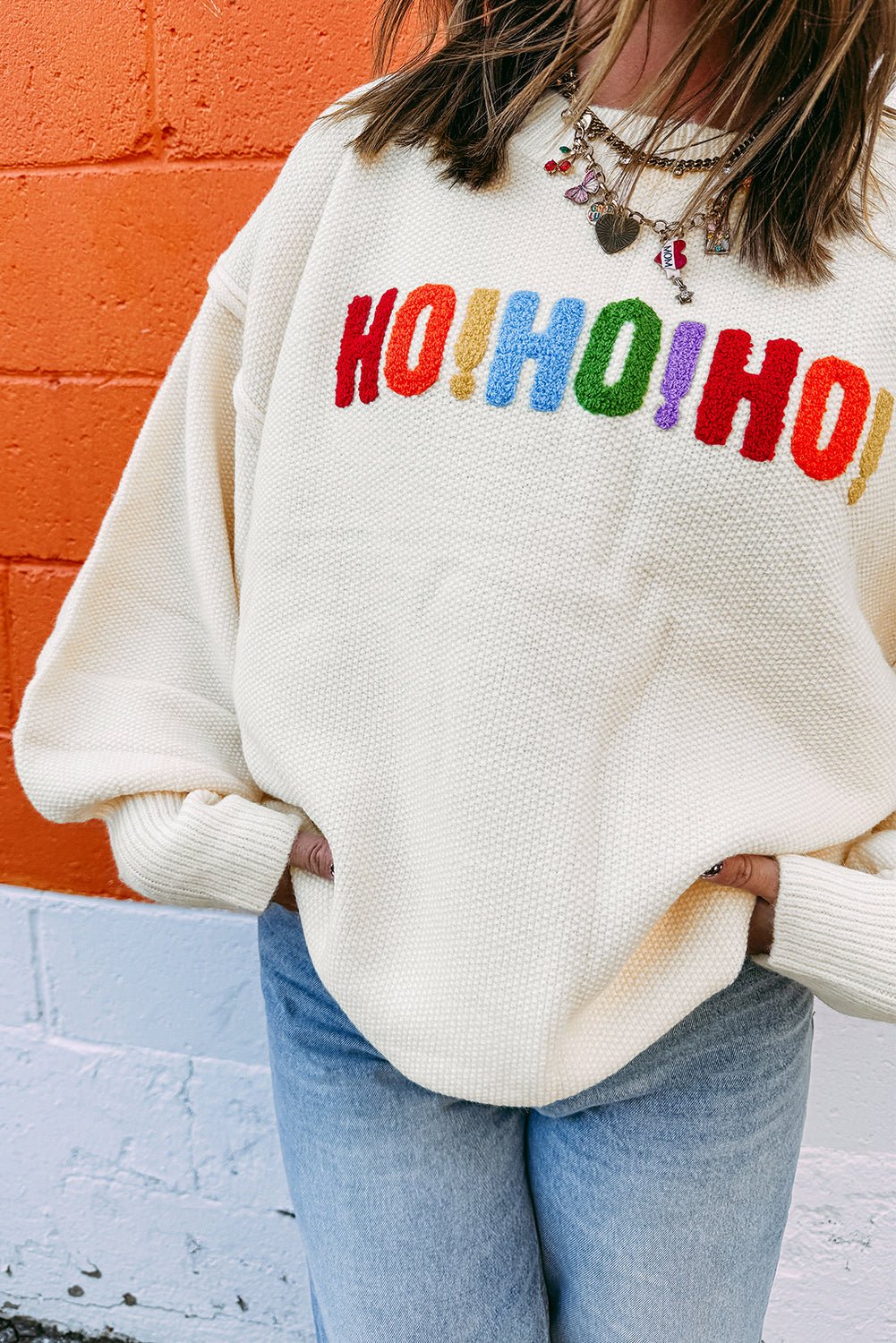 White HOHOHO MERRY CHRISTMAS Chenille Letter Graphic Holiday Sweater - MAD RUFFI