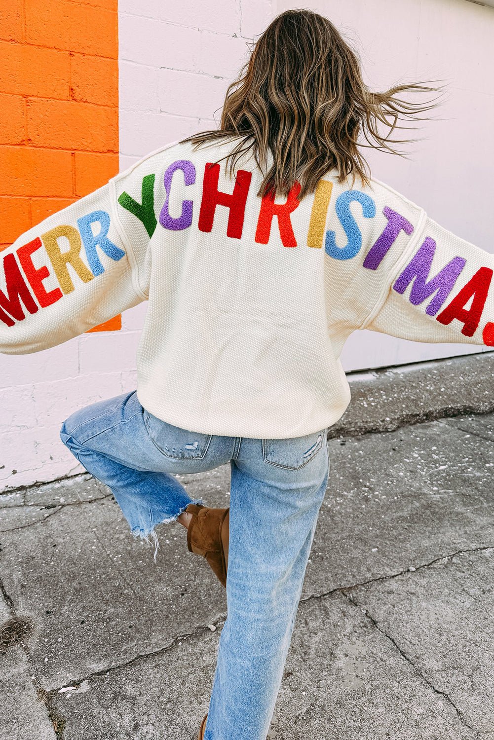 White HOHOHO MERRY CHRISTMAS Chenille Letter Graphic Holiday Sweater - MAD RUFFI
