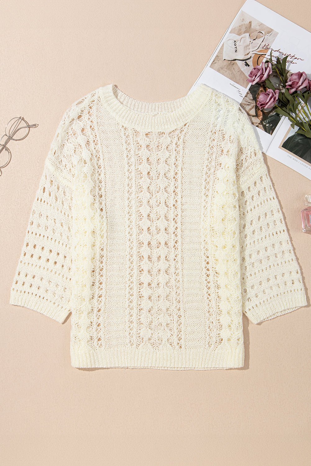 White Hollow Out Knit Bracelet Sleeve Drop Shoulder Sweater - MAD RUFFI
