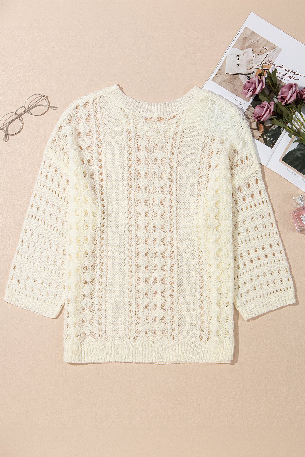 White Hollow Out Knit Bracelet Sleeve Drop Shoulder Sweater - MAD RUFFI