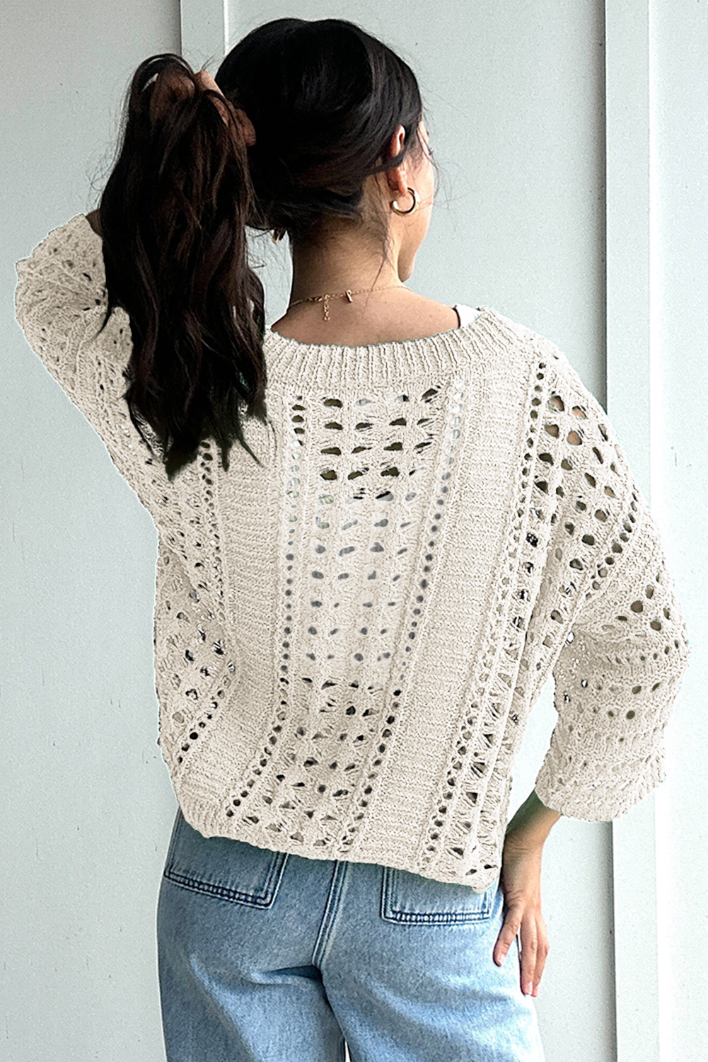 White Hollow Out Knit Bracelet Sleeve Drop Shoulder Sweater - MAD RUFFI