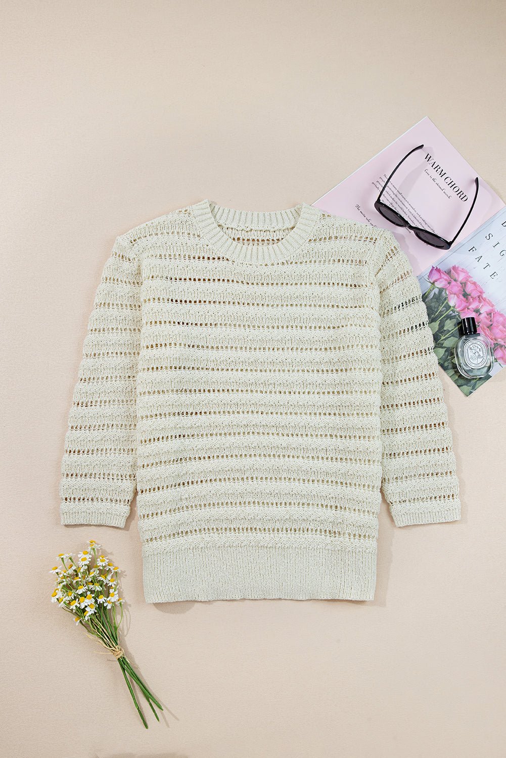 White Hollow Out Knit Round Neck Sweater - MAD RUFFI