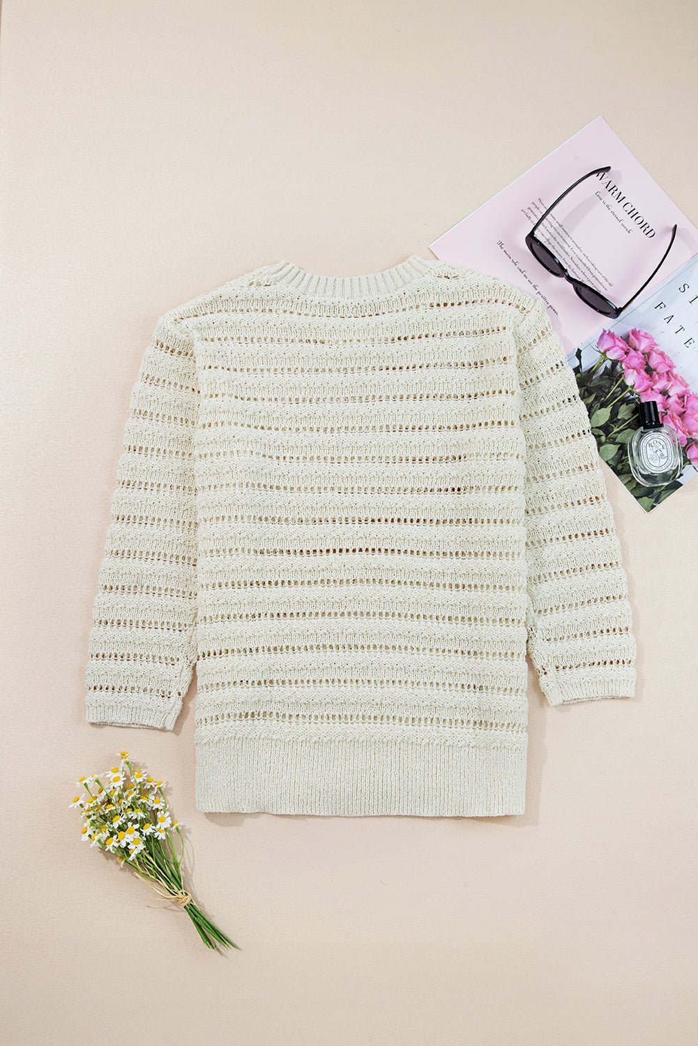 White Hollow Out Knit Round Neck Sweater - MAD RUFFI