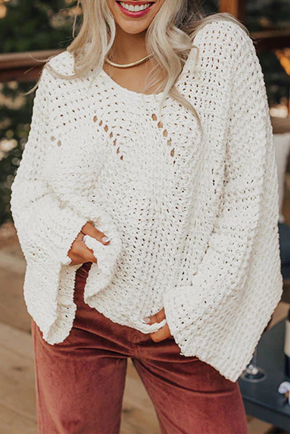 White Hollowed Detail Wide Sleeve Loose Pullover Sweater - MAD RUFFI
