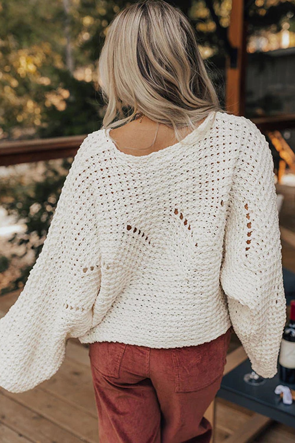 White Hollowed Detail Wide Sleeve Loose Pullover Sweater - MAD RUFFI