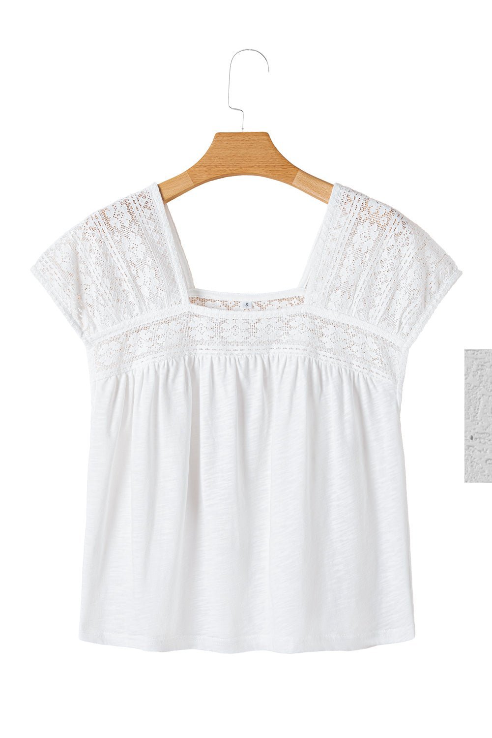 White Hollowed Lace Patchwork Square Neck Short Sleeve Blouse - MAD RUFFI