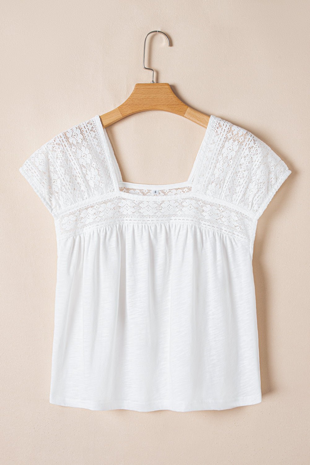 White Hollowed Lace Patchwork Square Neck Short Sleeve Blouse - MAD RUFFI