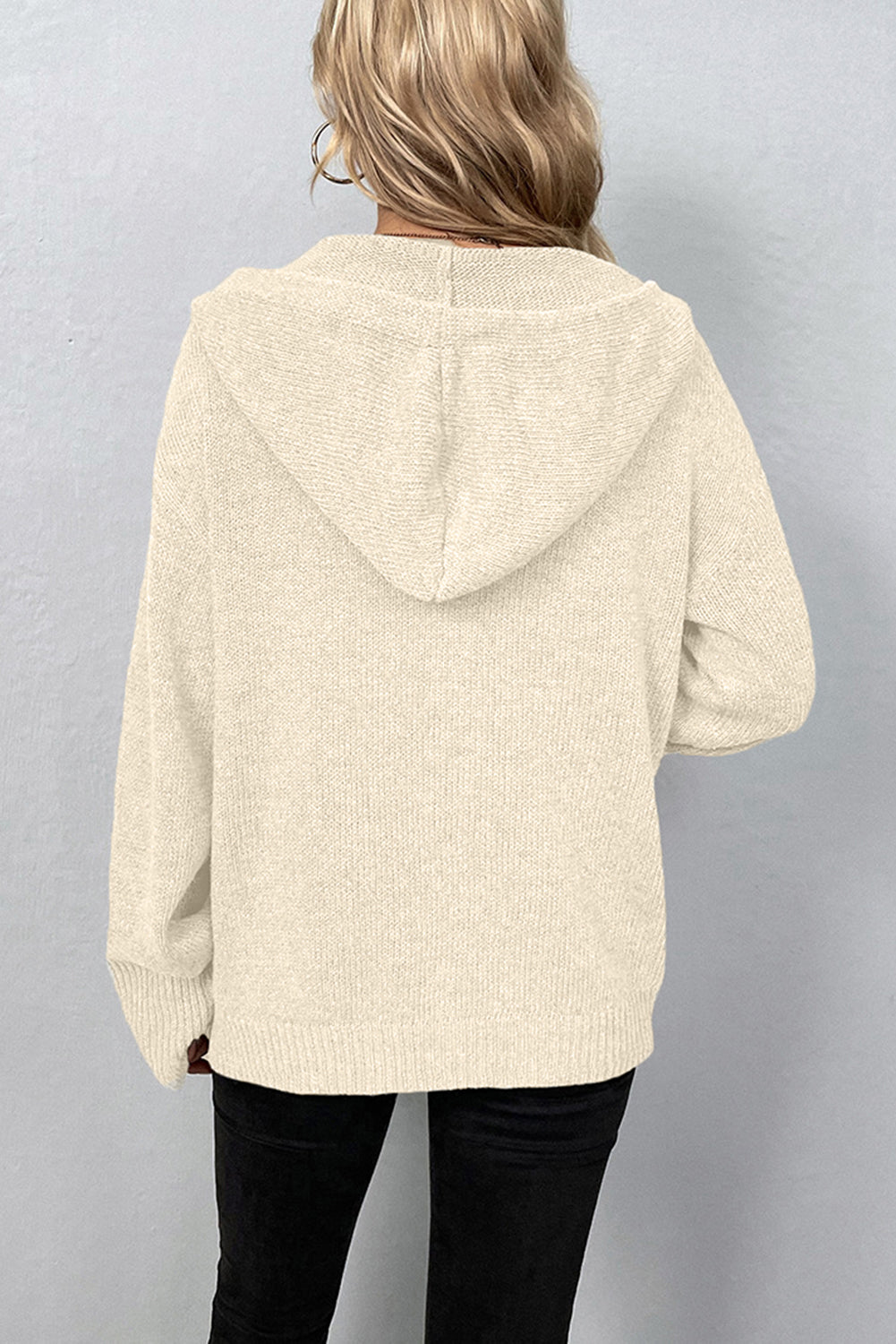 White Hooded Button Up Drop Shoulder Sweater Cardigan - MAD RUFFI