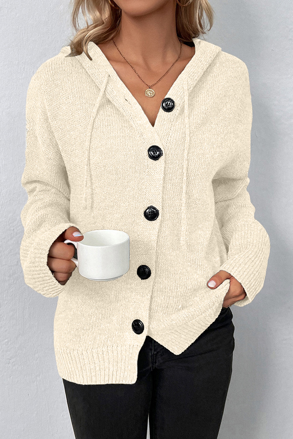 White Hooded Button Up Drop Shoulder Sweater Cardigan - MAD RUFFI