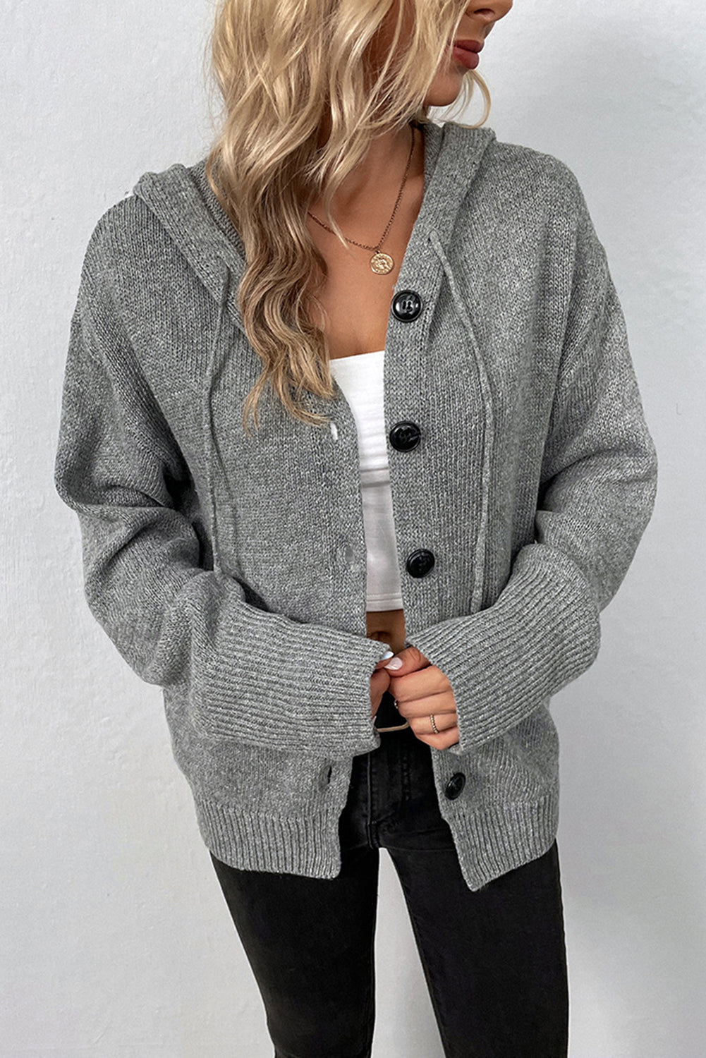 White Hooded Button Up Drop Shoulder Sweater Cardigan - MAD RUFFI