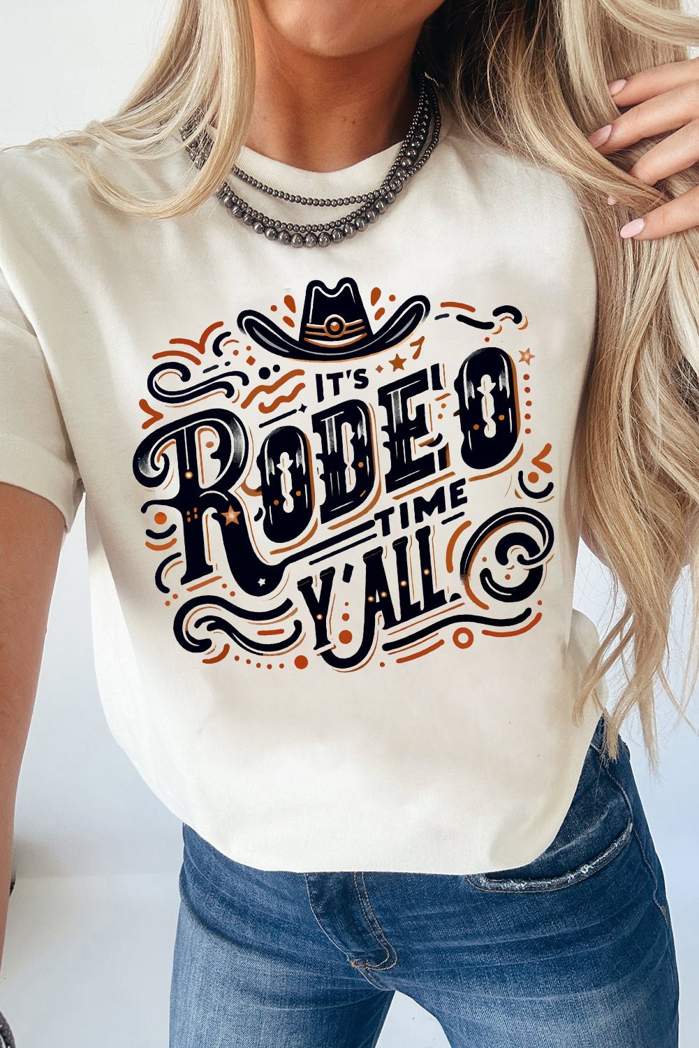 White IT'S RODEO TIME YALL Crewneck Graphic T Shirt - MAD RUFFI