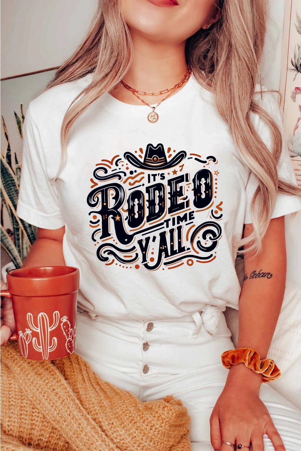 White IT'S RODEO TIME YALL Crewneck Graphic T Shirt - MAD RUFFI