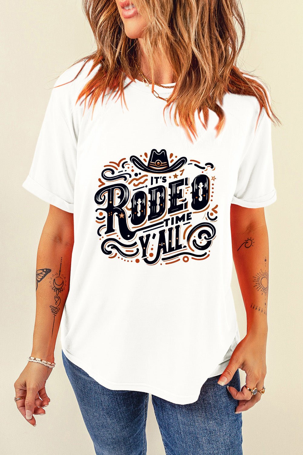 White IT'S RODEO TIME YALL Crewneck Graphic T Shirt - MAD RUFFI