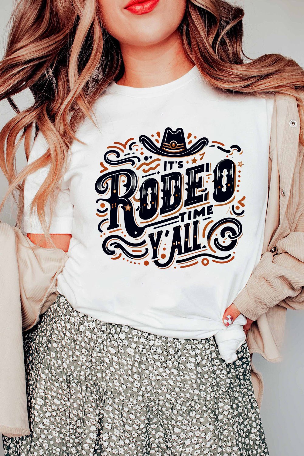 White IT'S RODEO TIME YALL Crewneck Graphic T Shirt - MAD RUFFI