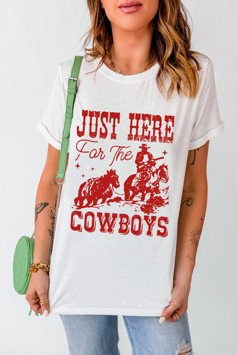 White JUST HERE For THE COWBOY Crew Neck T Shirt - MAD RUFFI