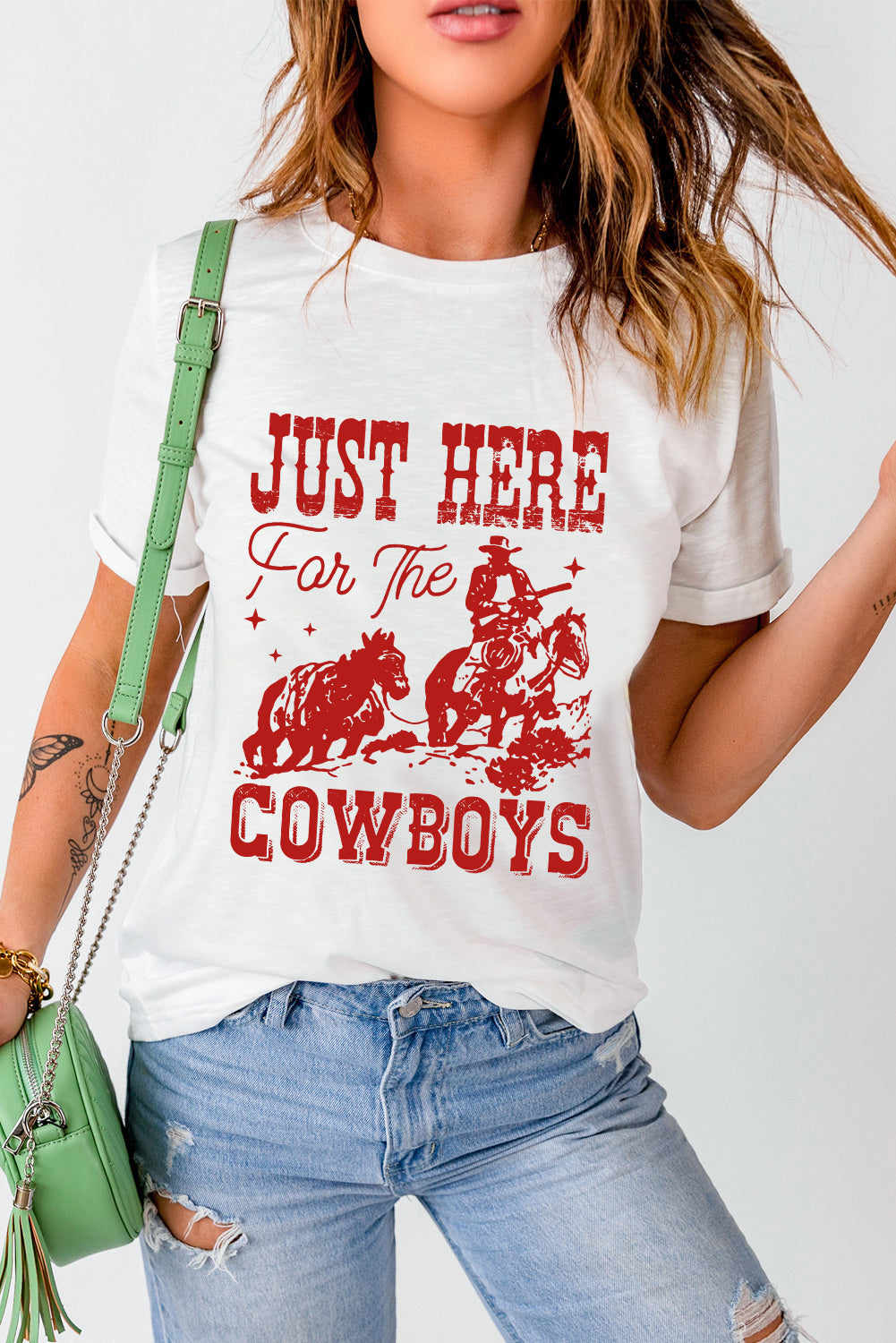 White JUST HERE For THE COWBOY Crew Neck T Shirt - MAD RUFFI