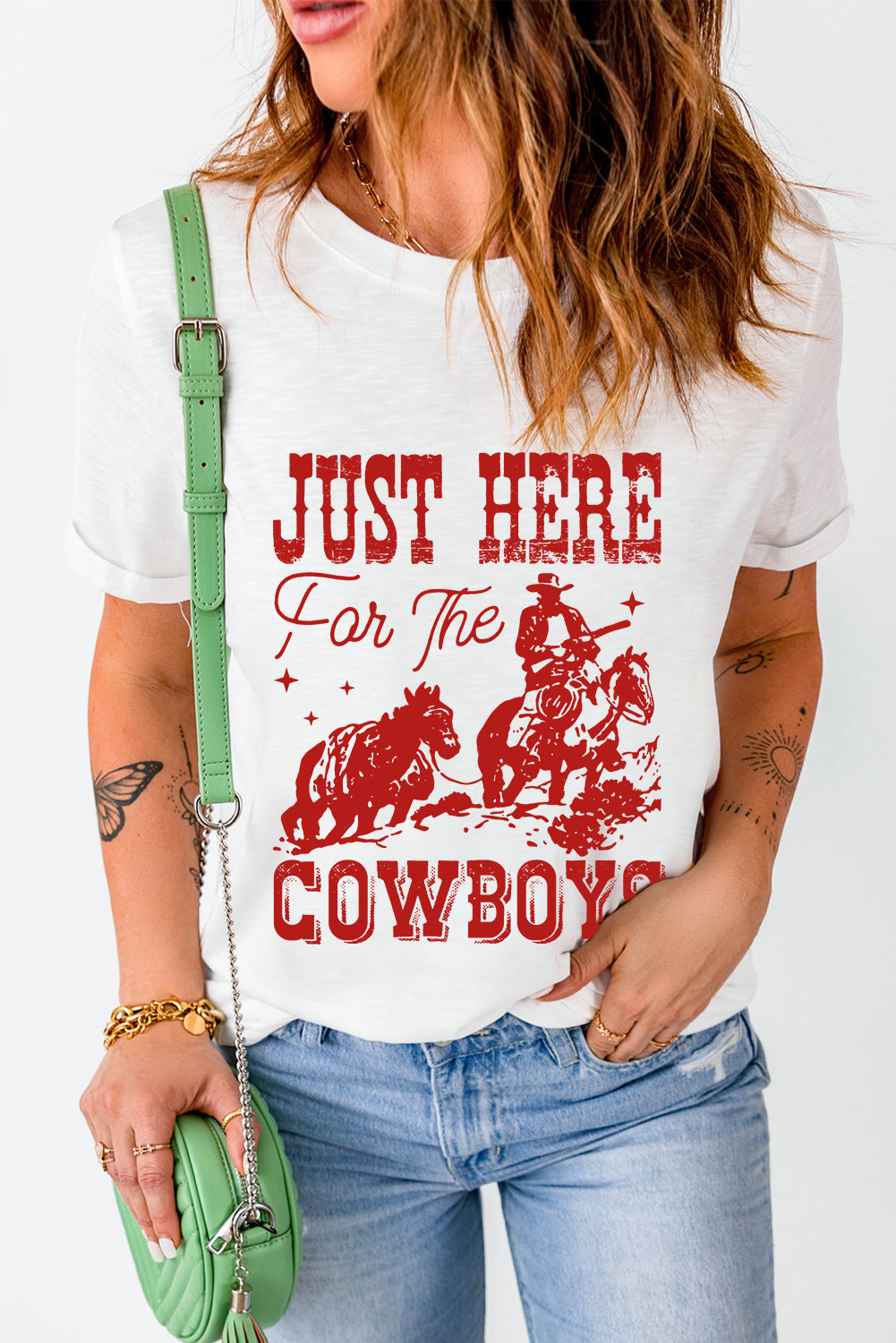 White JUST HERE For THE COWBOY Crew Neck T Shirt - MAD RUFFI