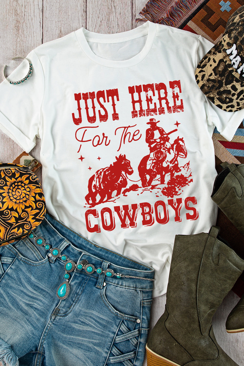 White JUST HERE For THE COWBOY Crew Neck T Shirt - MAD RUFFI