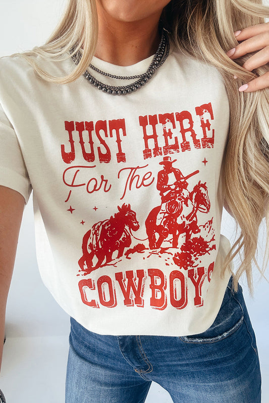 White JUST HERE For THE COWBOY Crew Neck T Shirt - MAD RUFFI