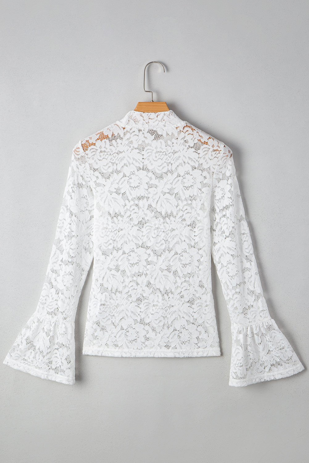 White Lace Crochet Bell Sleeve Mock Neck Blouse - MAD RUFFI